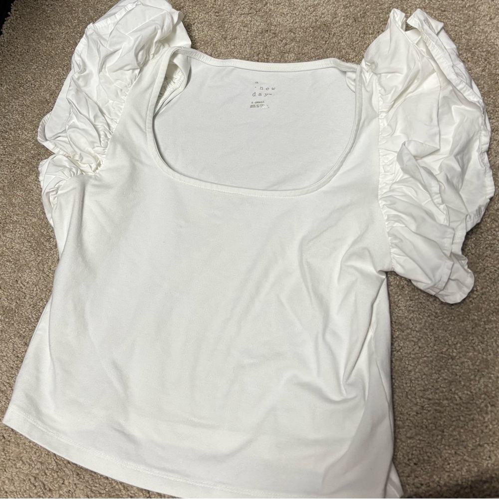 SOLD A New Day White Ruffled Crop Top with Puff Sleeves and Ruched Details Sm…
